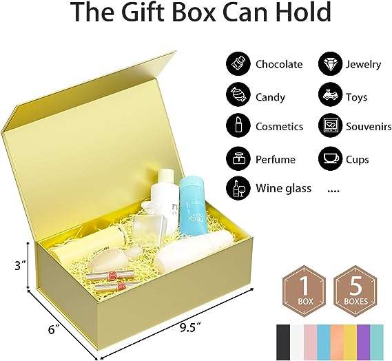 Rose Gold Gift Box, 9 .5x6x3'' Gift Boxes for Presents with Lids Magnetic Closure Rectangle Foldable for Bridesmaid Proposal Box